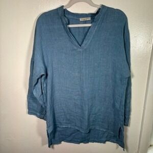 Francesca Bertini Top Women Sz L Sky Blue 100% Linen V-Neck Tunic Blouse Coastal